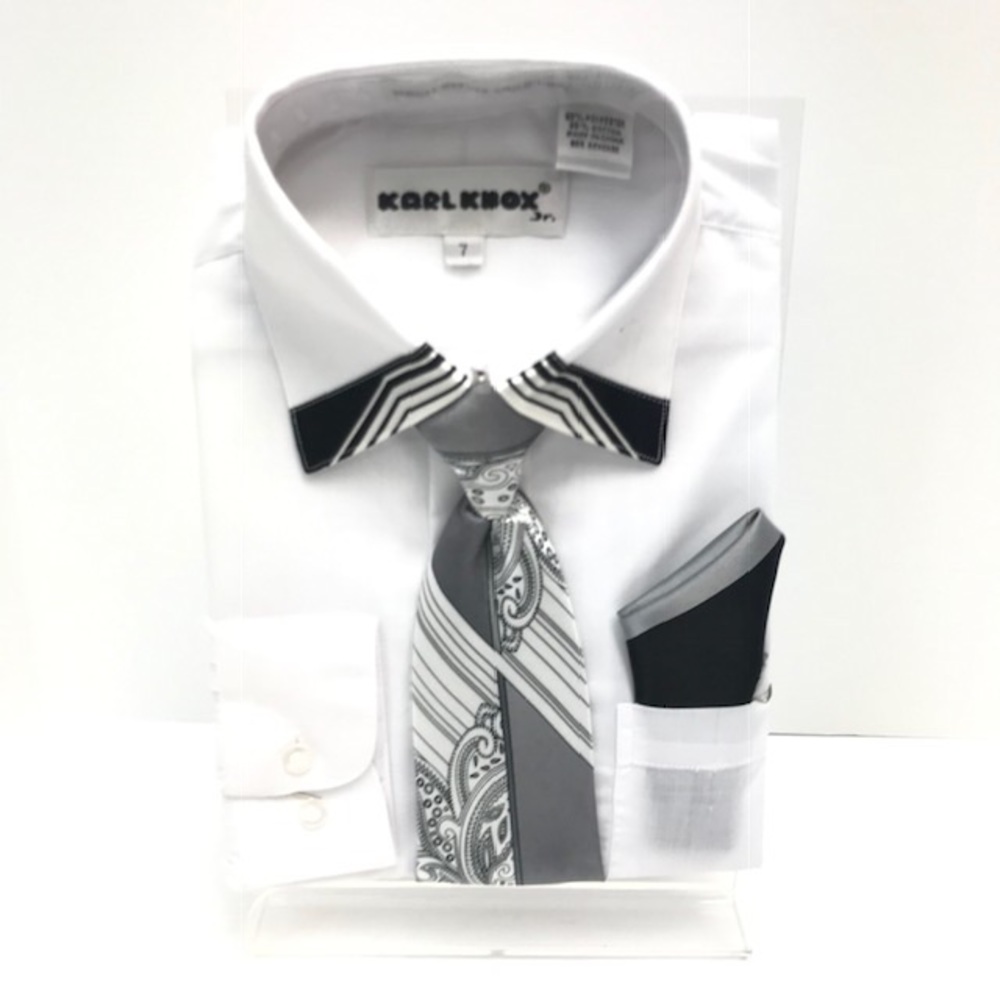 Karl Knox Boys White Dress Shirt White Gray Tie Hanky Set Size 7